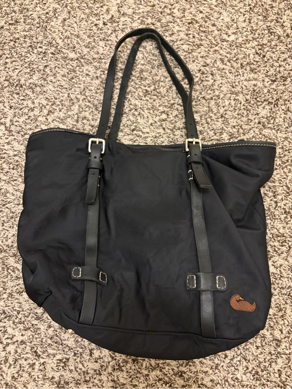 Vintage Y2K Dooney & Bourke Black Nylon Tote with Brown Leather Duck Patch